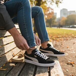 Puma Suede Classic Low Top Sneakers Black Beige Women's 9.5 Casual Used